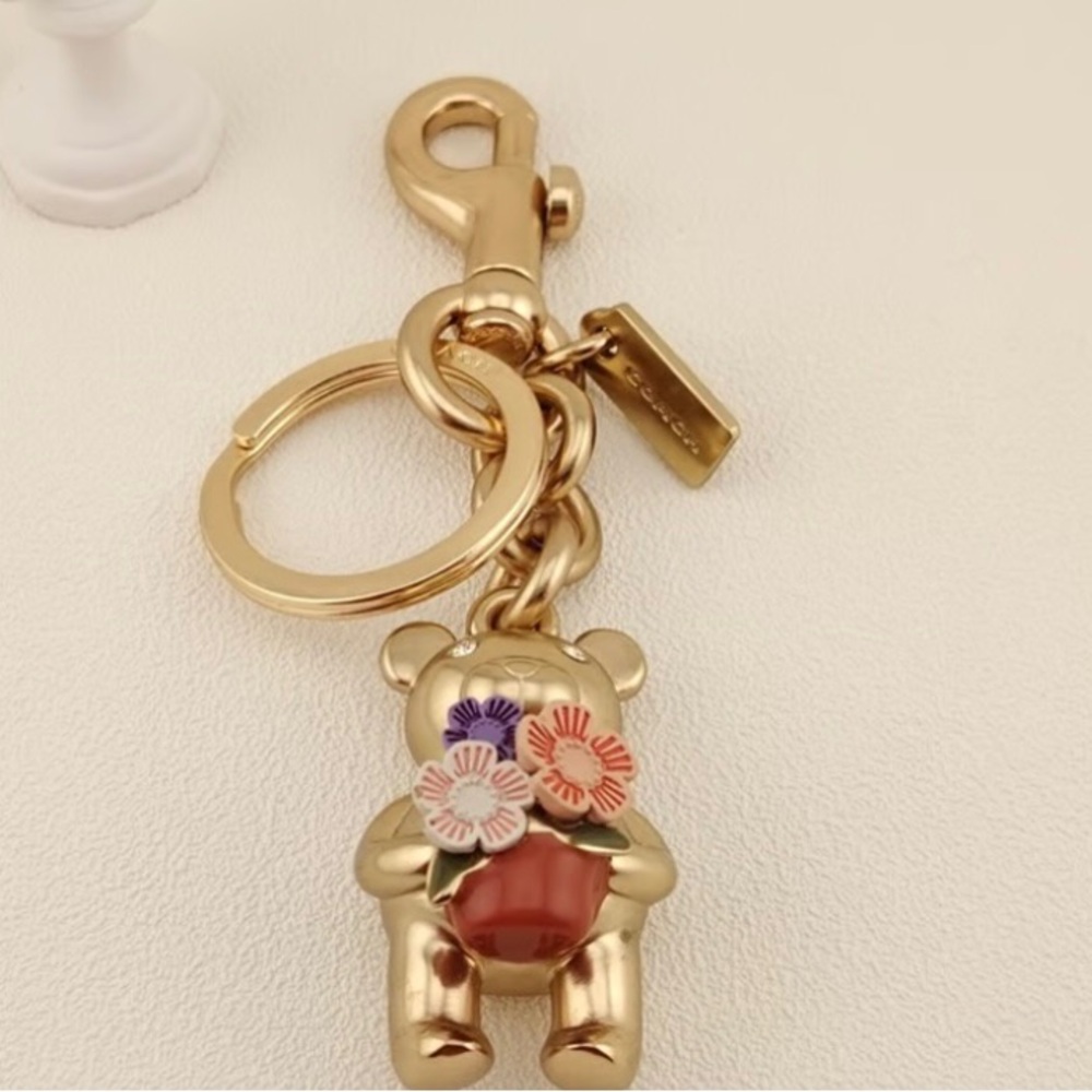 Coach Gold Bear Keychain with Flowers